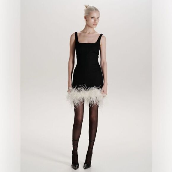 MANURÍ Rinna Ostrich Feather Trim Square Neck Dress Black White Revolve Small - Picture 3 of 9